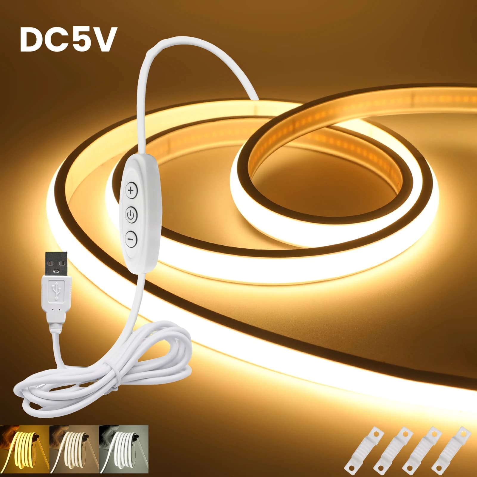 5V COB LED Strip Light 3Key Button Switch Touch Dimmer Power Kit 320LED Dimmable Waterproof 3000K 4000K 6000K Flex Neon Lighting