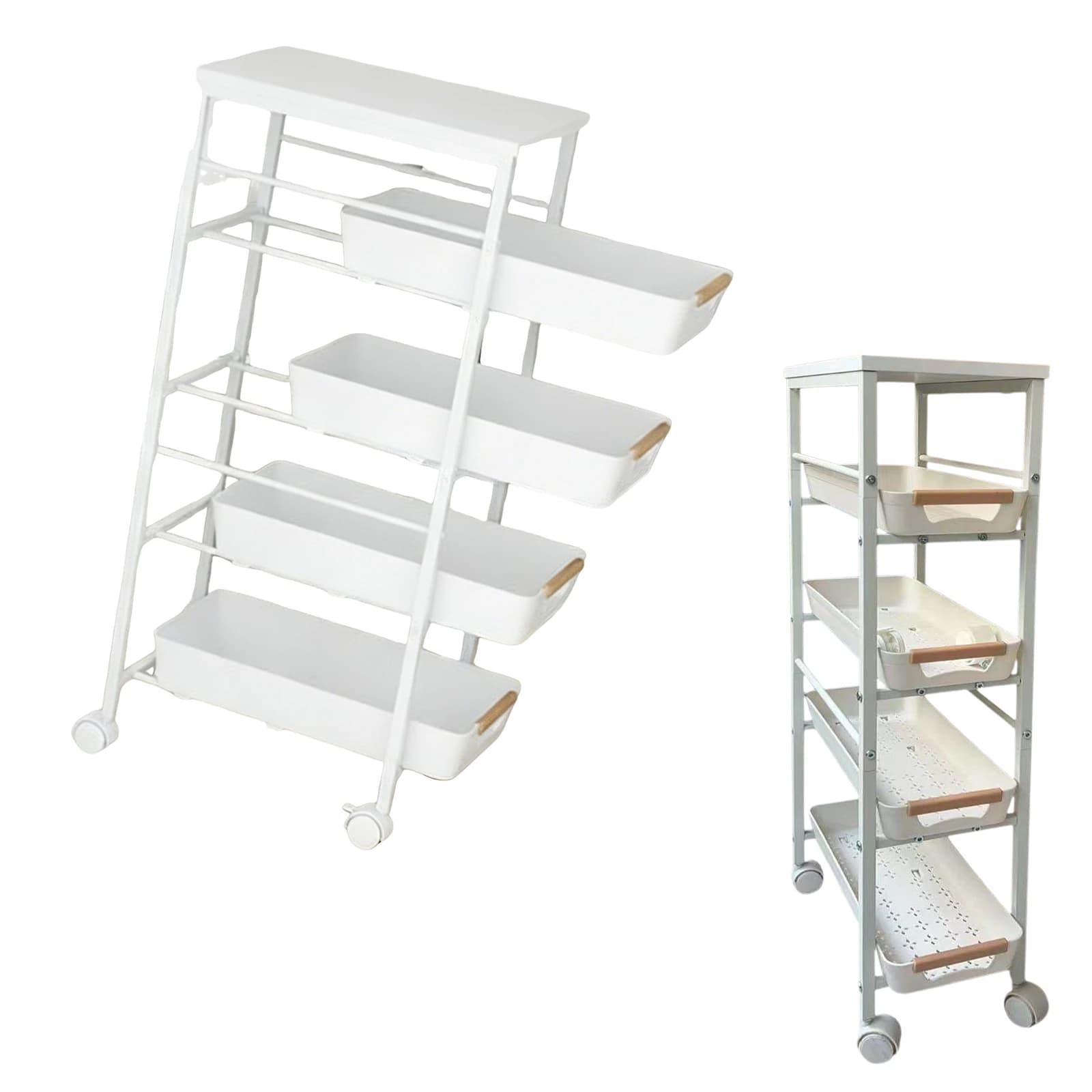 Trolley Organizer of 4 shelves with pull-out baskets and wheels, Spacious trolley for kitchen, laundry and bathroom