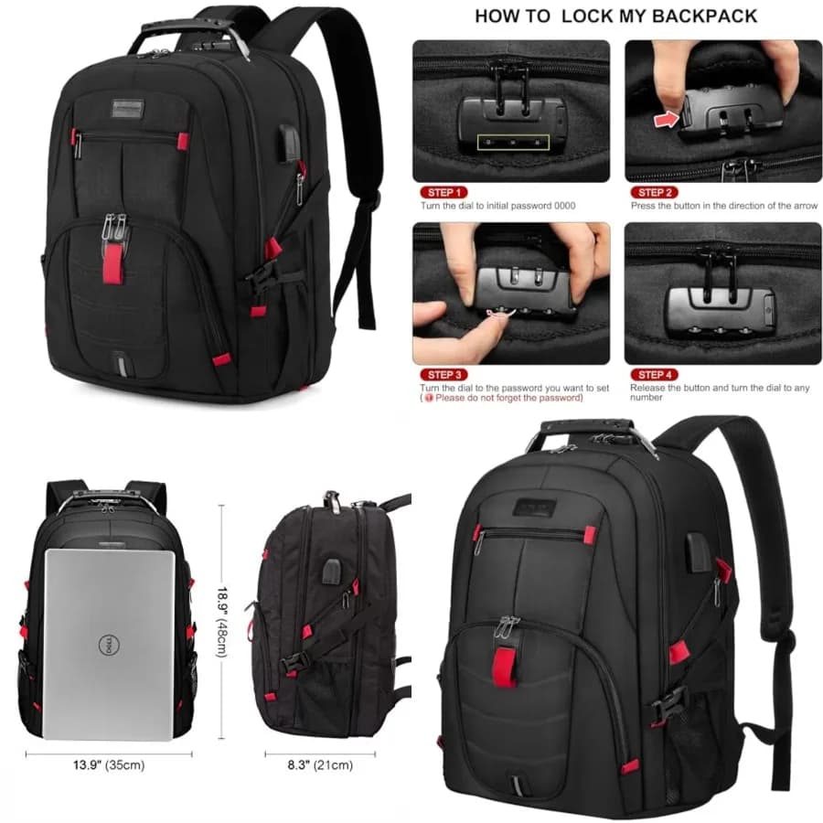 Zaino per laptop da uomo e donna, zaino da viaggio impermeabile antifurto con porta di ricarica USB e lucchetto