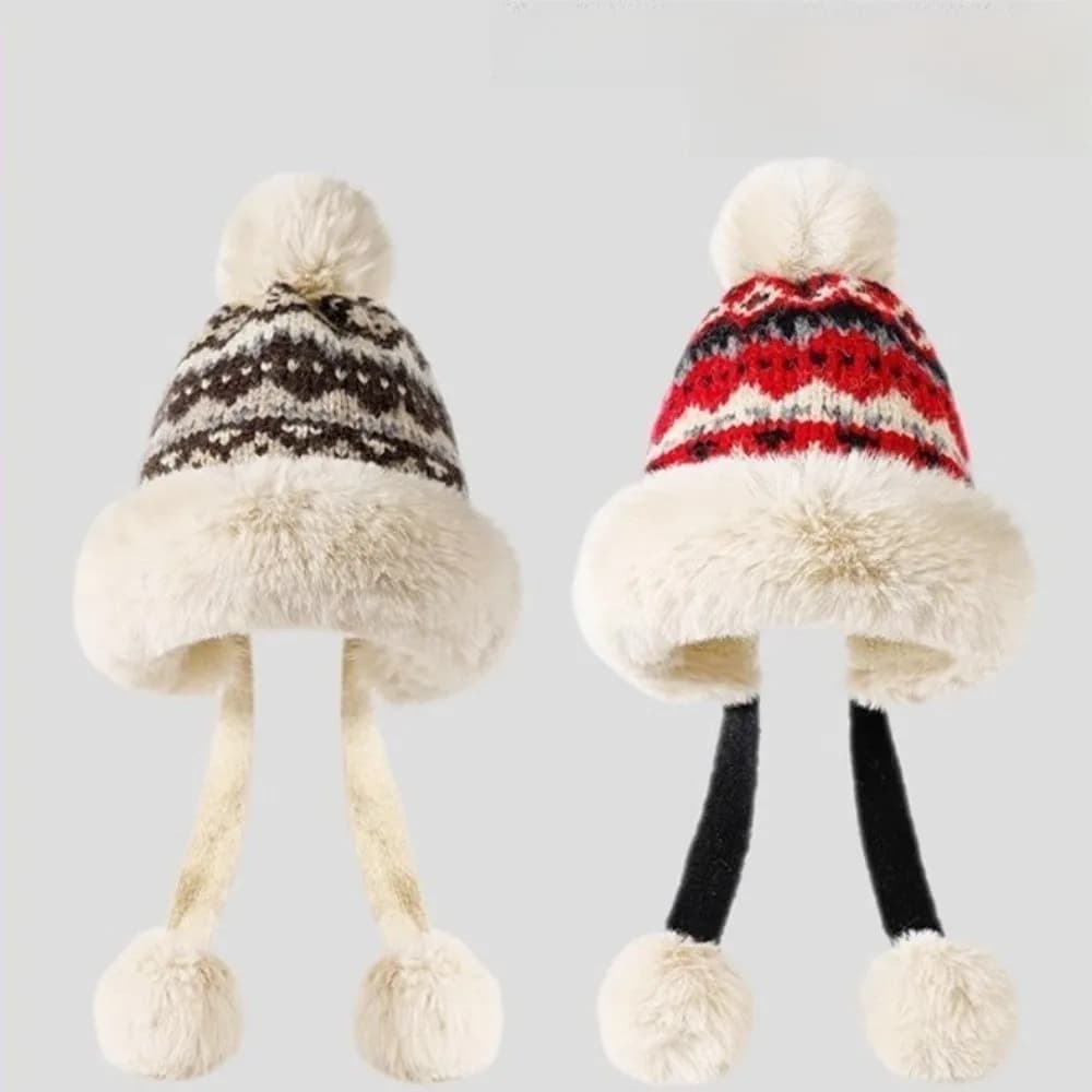 Retro Thick Knitted Hat Windproof Ball Ear Protection Hat Ethnic Style Warm Pullover Beanie Hat Autumn Winter