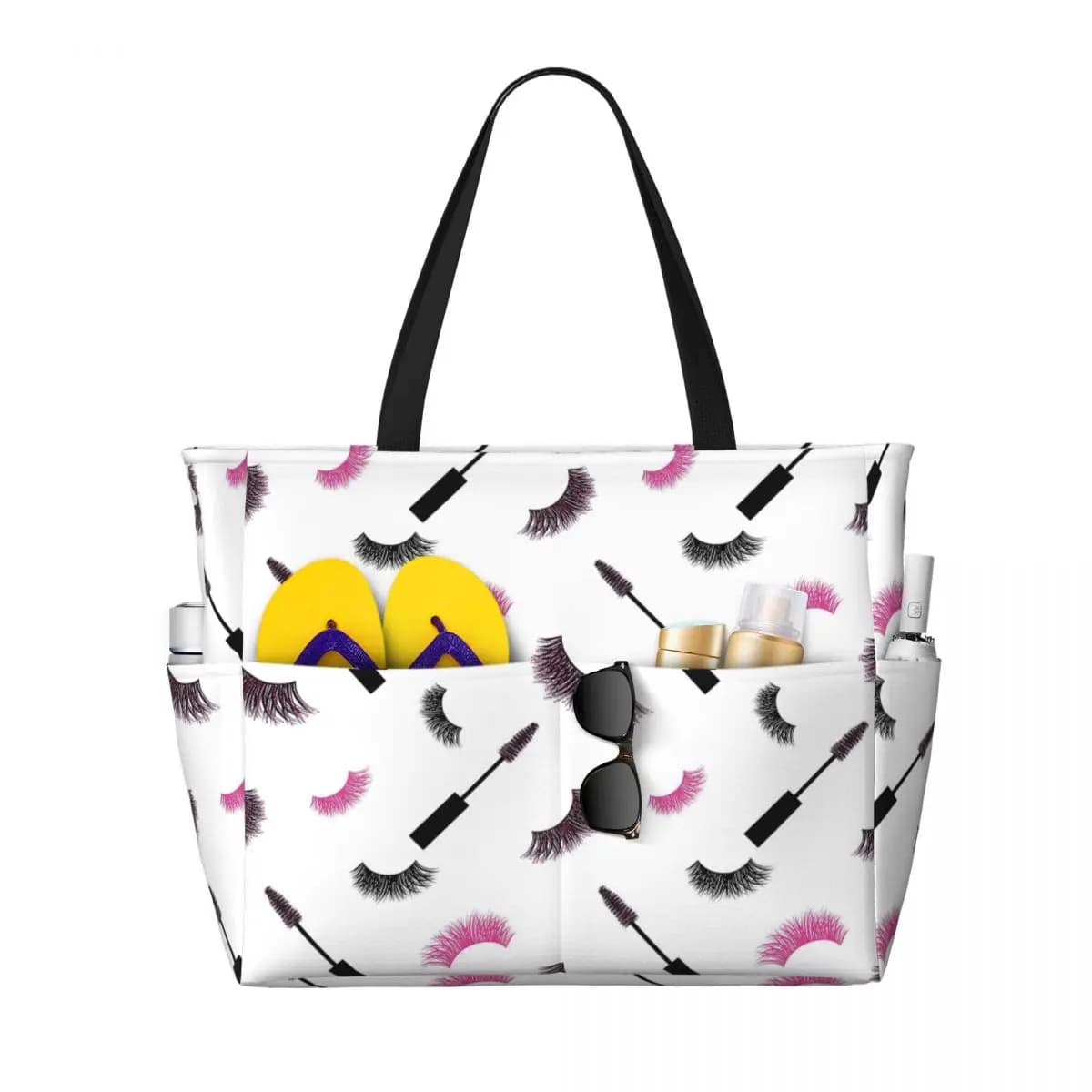 Borsa tote da spiaggia con motivo glitter rosa, per ciglia e mascara, borsa sportiva da palestra, yoga, borsa da viaggio grande da donna, borsa fitness