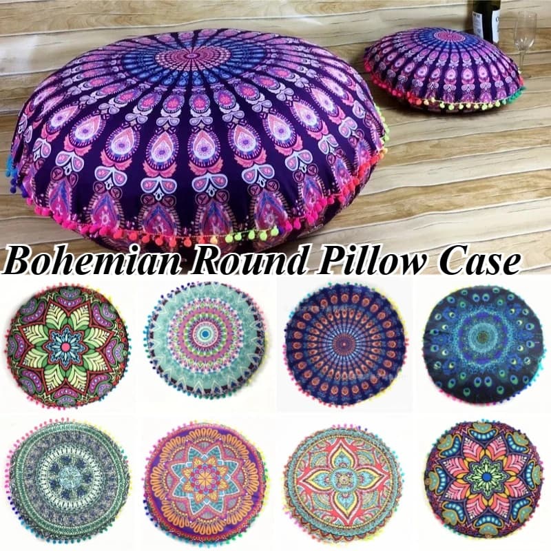 1pcs Bohemian Round Pillow Case Mandala Pattern Cushion Cover Indian Elephant Retro Meditation Floor Decorative Pillows