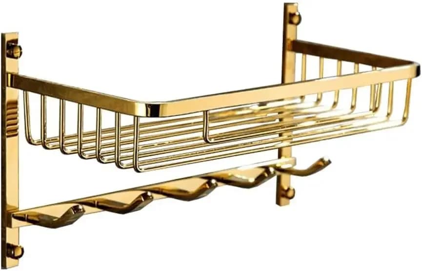 Bathroom Storage Shelves Bathroom Shower Rack, Gold Brass Shower Organizer with 5 Hooks, Wall Mounted Drilling Installation Show
