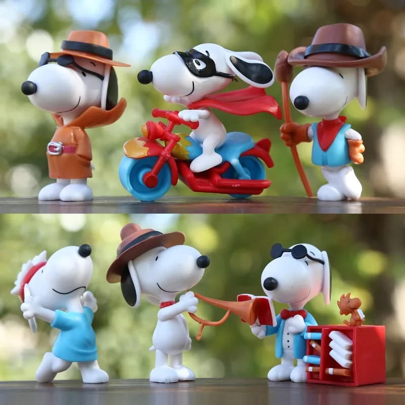 Set di 6 Statuette Kawaii della Serie Anime Snoopy, Modellini di Personaggi Cartoon Carini, Giocattoli Creativi per Auto e Scrivania, Regalo