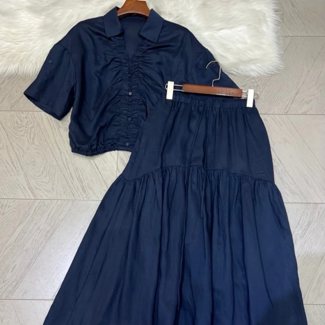 Summer Fashion Women's Pleated Blouse and Half Skirt Matching Set
