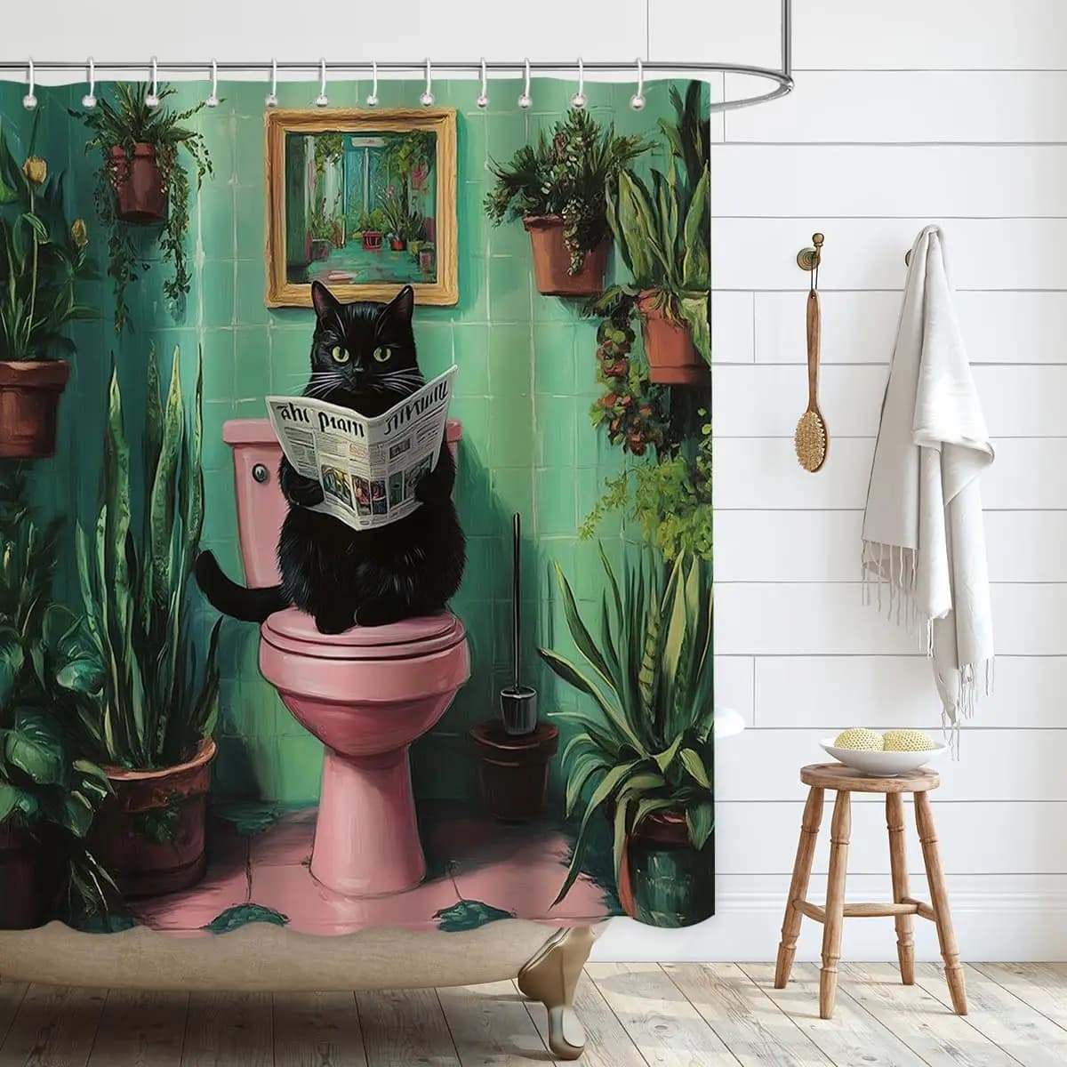 Tenda da doccia per gatti, tenda da bagno per ragazze carina e moderna Boho, set di tende per stagno con foglie di loto e fiori di gatto nero, Waterp