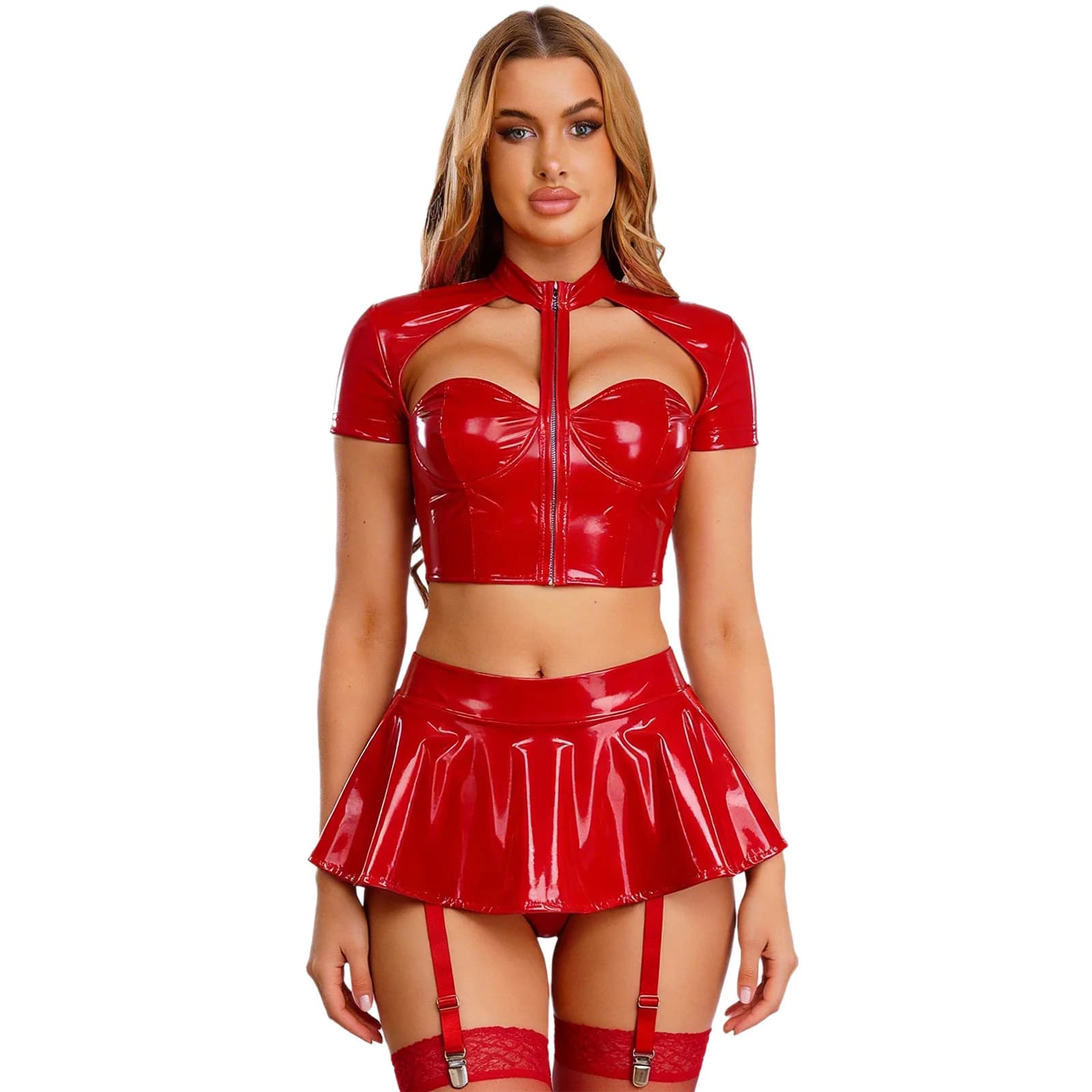 Lingerie sexy da donna in similpelle PU, top corto a maniche corte con push-up e reggiseno a fascia, minigonna a vita bassa per rave e pole dance.