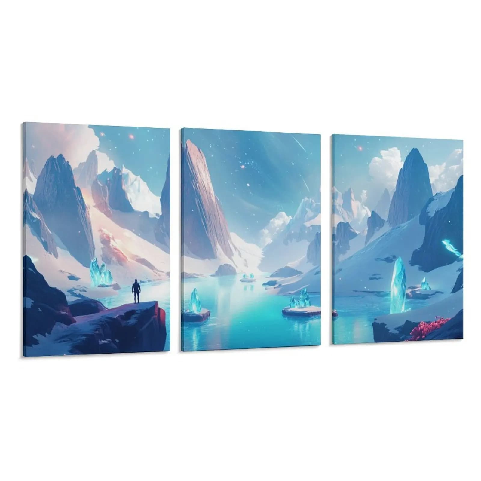 Set of 3 Paintings on Framed Frames, Ethereal Futuristic Art with Glacial Crystals and Interstellar Travelers for Living, Creative Space