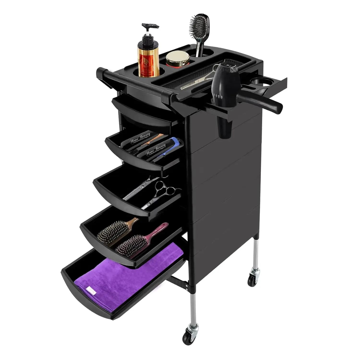 Carrello Professionale a 6 Ripiani per Salone con Maniglia e Ruote, 5 Cassetti e 2 Supporti per Asciugacapelli, Carrello per Estetista, Personalizzabile