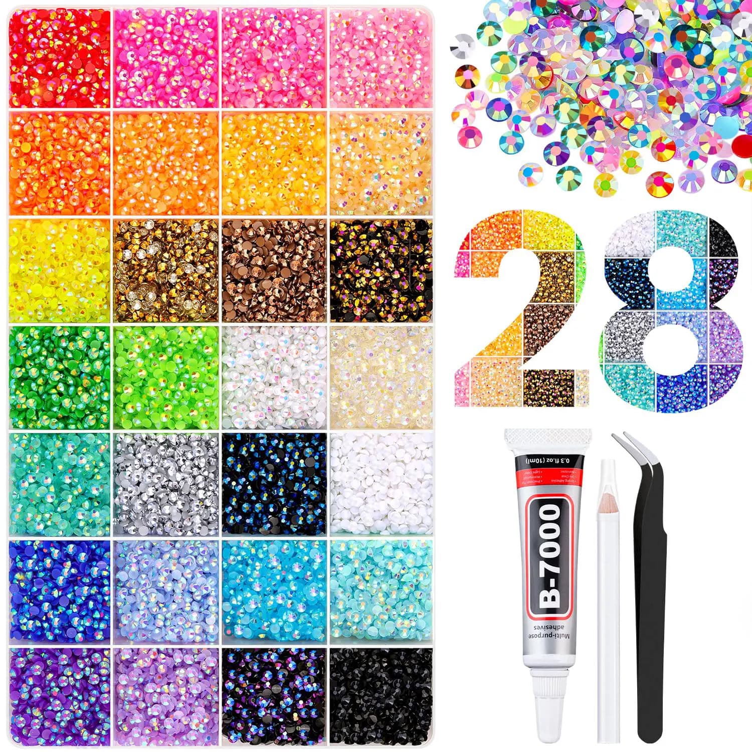 30000 Pezzi di Strass in Resina con Pinzette, Cristalli Multicolore da 3mm con 1 Colla per Gioielli per Nail Art, Artigianato e Trucco