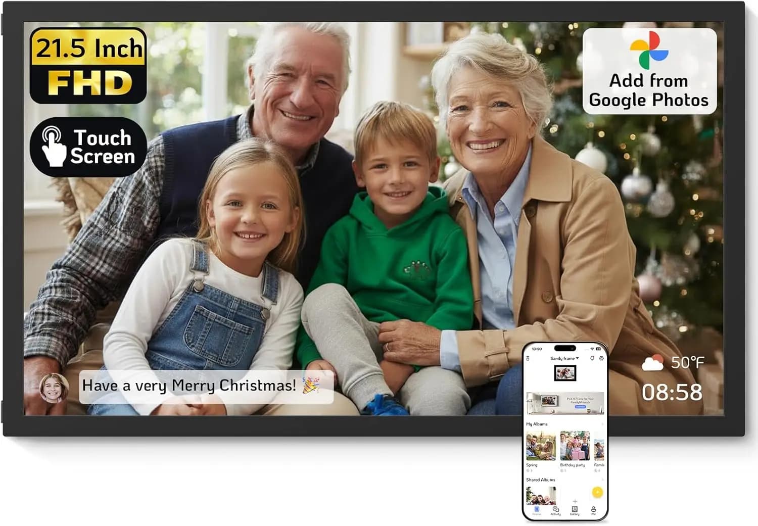 Portafoto digitale touchscreen da 21,5' 64 GB, WiFi, Google Photos, USB/SD, Nero