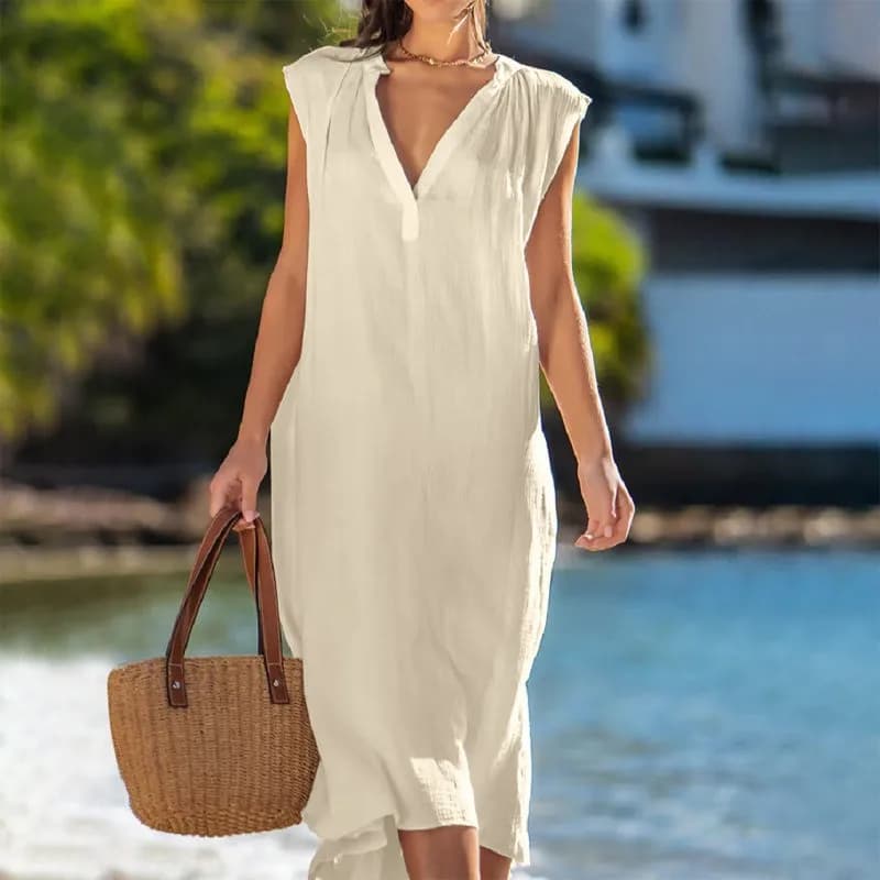 Casual Summer Style Sleeveless V-Neck Loose Fit Pure Color Women's Dress High Waist A-Line Skirt Commute Fashion Polyester
