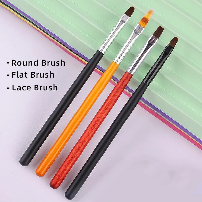 Pennello per nail art semplice a 4 tipi Spazzole piatte in pizzo con asta di legno per smalto gel UV Strumenti per salone di manicure per disegno di unghie in cristallo