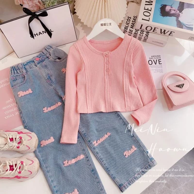 Set Primaverile e Autunnale per Bambini e Ragazze, Camicia a Mezza Abbottonatura con Maniche Lunghe + Jeans, Completo Scolastico 2 Pezzi per Bambini 3-14 Anni