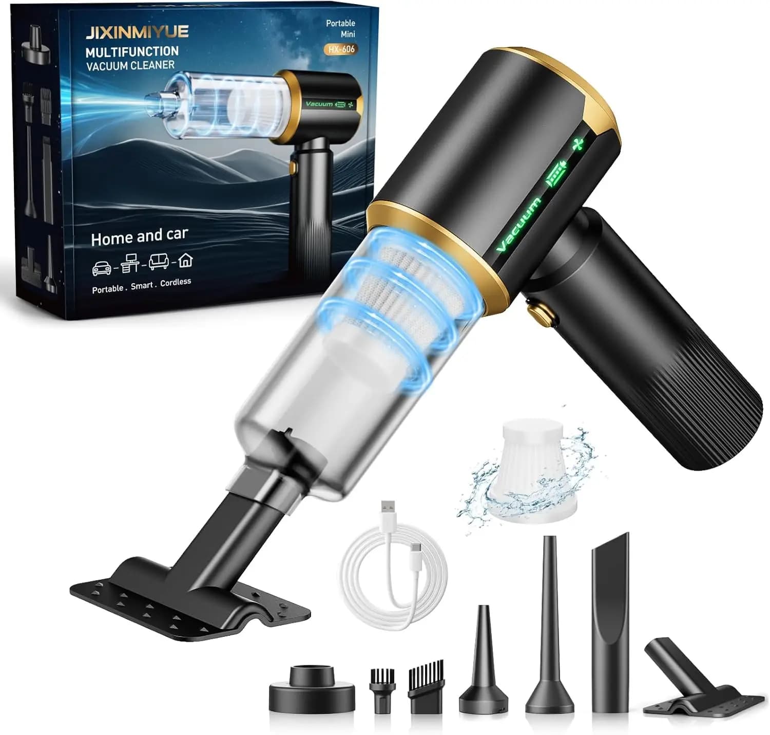 Aspirapolvere per Auto Senza Fili: Aspirazione 16000Pa, Motore Brushless, Filtro HEPA, Kit 7-in-1, Ricarica Type-C