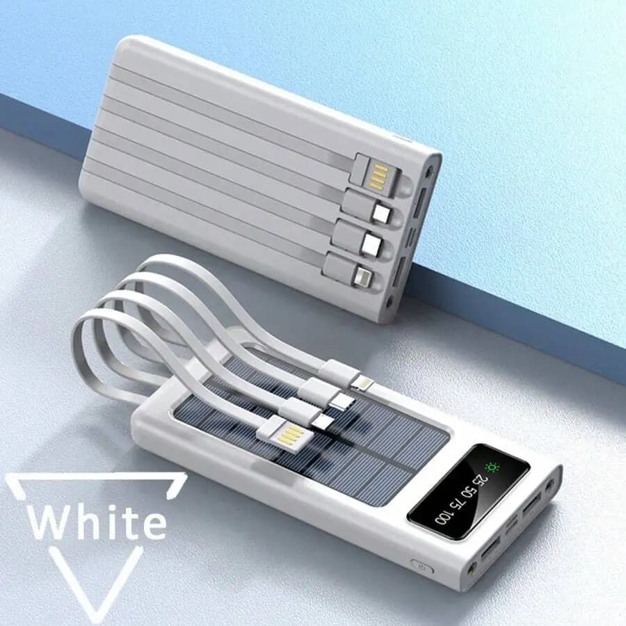 Caricabatterie esterno portatile con batteria solare da 10000 mAh per cellulare, 4 cavi integrati, con torcia e display digitale