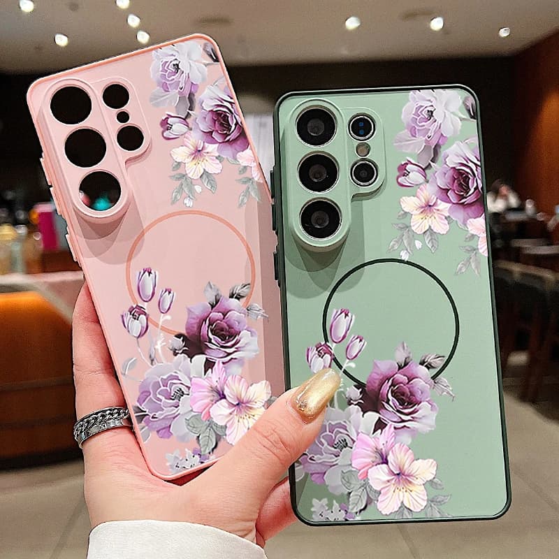 Cover Magnetica con Motivo Floreale Viola per Samsung Galaxy S26 S25 S22 Ultra Edge S24 S23 FE A17 A56 A37 A16 A55 A36 A55