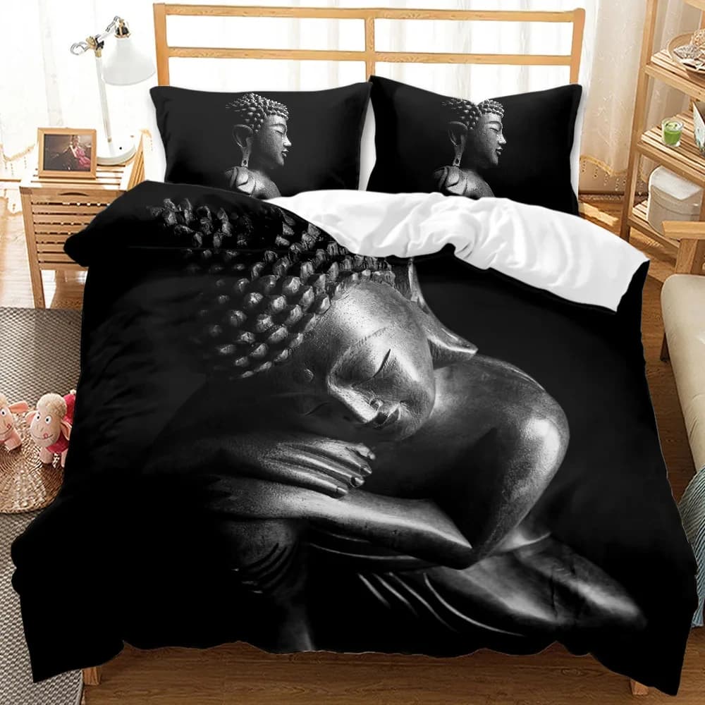 Set copripiumino statua di Buddha King/Queen Size, set di biancheria da letto in poliestere per adulti con fiori di loto di Buddha dorato esotico
