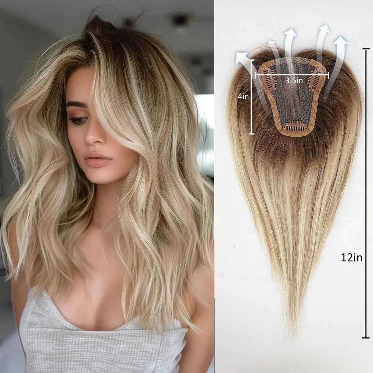 Toppers per capelli umani Remy al 100% marrone dorato Ombre Base in pizzo Clip in parrucchino per donne Topper per estensioni dei capelli lisci da 12 pollici