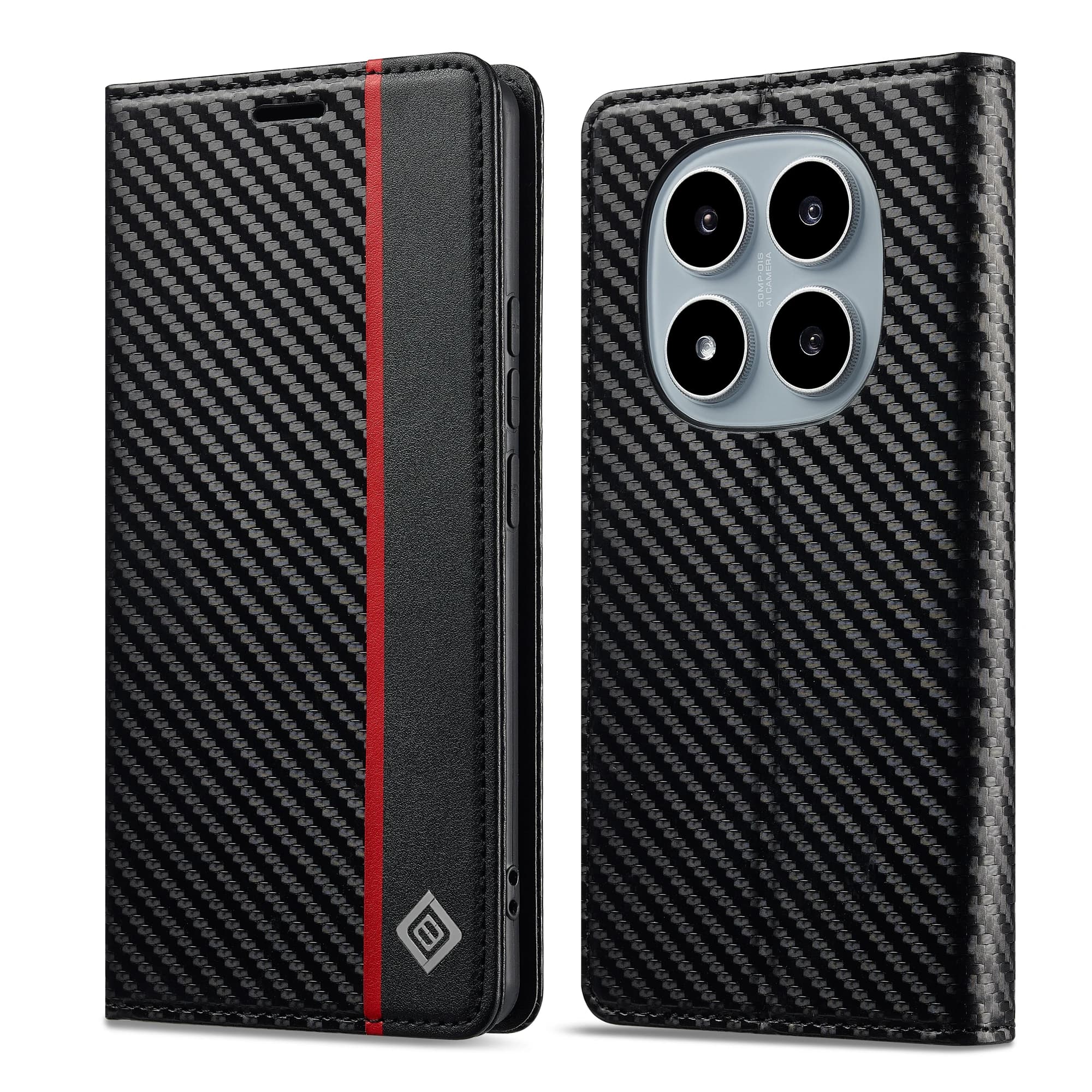 Magnetic Carbon Fiber and Soft Leather Wallet Case for Xiaomi Redmi Note 15 Pro 4G 5G Note 14 13 Pro Plus