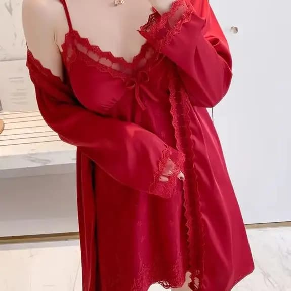 Spring Summer Bathrobe Gown Set Silky Stain Nightwear Robe Suit Women Sexy Lace Homewear Strap Nightdress Kimono Lingerie