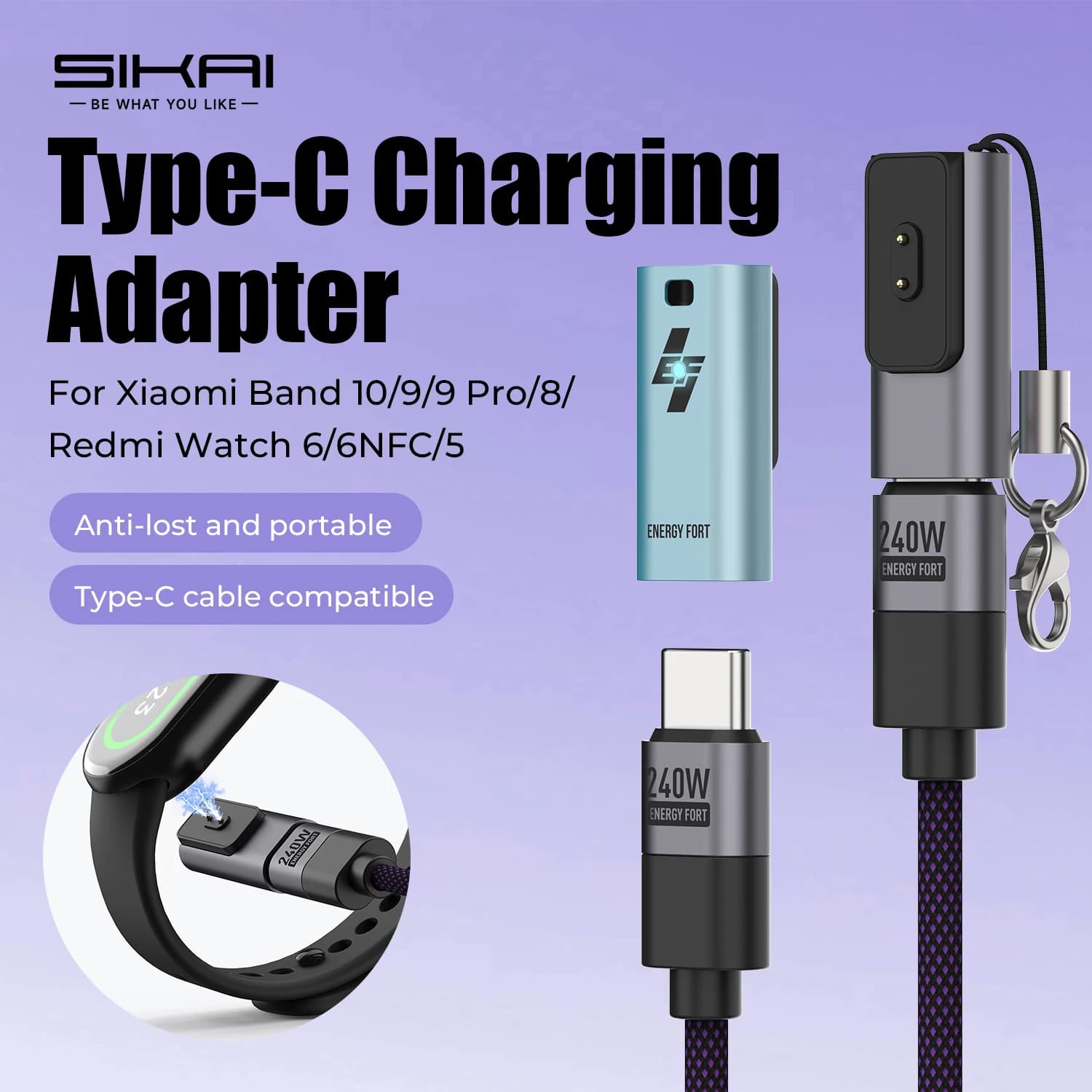 Adattatore di ricarica di tipo C per Xiaomi Band 10/9/8/Redmi Watch 5/4 Cavo di ricarica USB C Caricatore portatile Converti spina