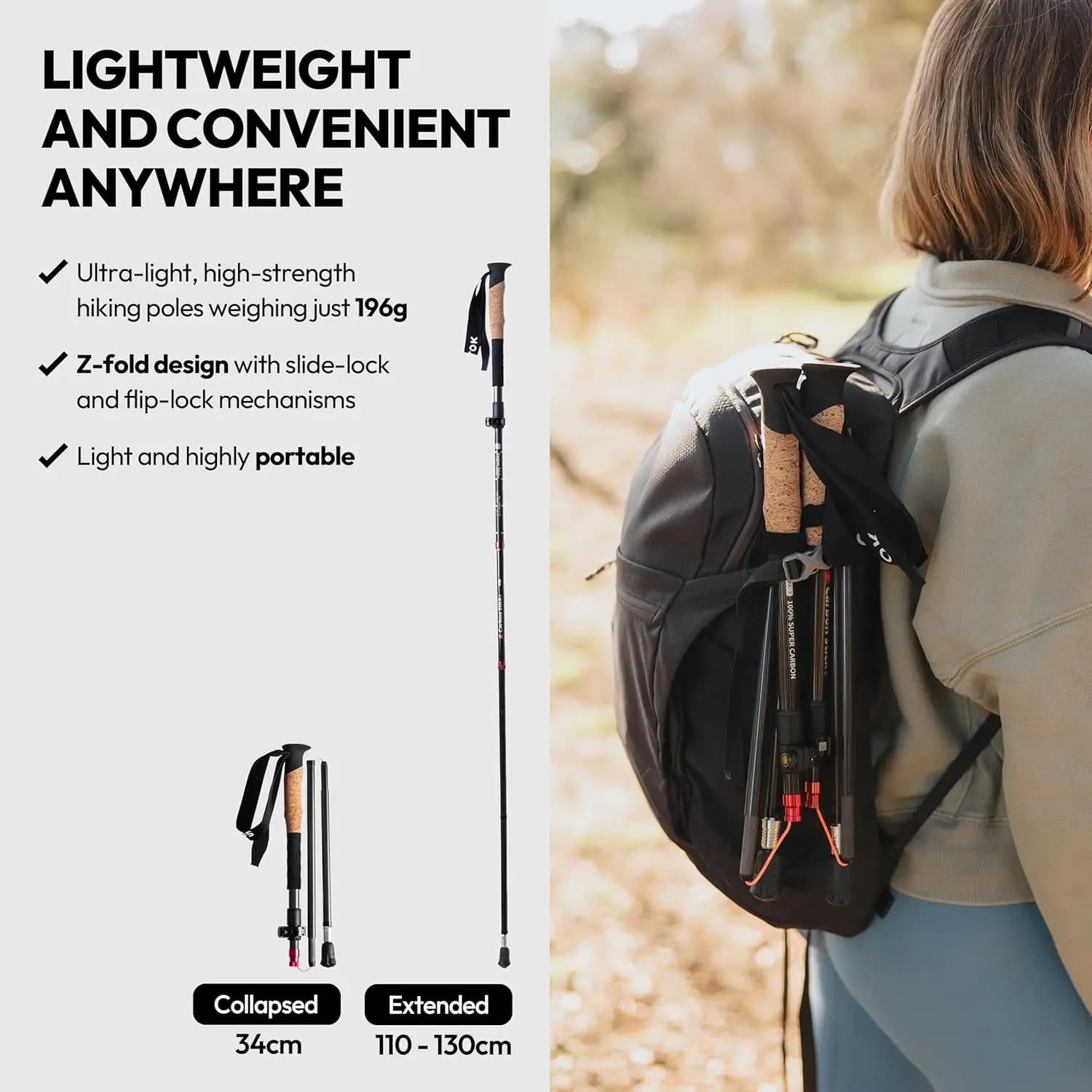 Bastoncini da Trekking in Fibra di Carbonio Ultra-Leggeri, Design Pieghevole a Z, 196g, Impugnatura in Sughero, Regolabili 110-130cm