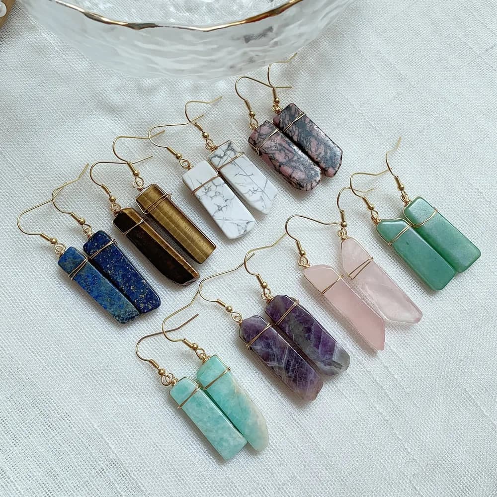 Orecchini in pietra naturale curativa rettangolo irregolare pendolo lungo nappa amazzonite Lapis quarzo rosa orecchino a goccia in cristallo viola