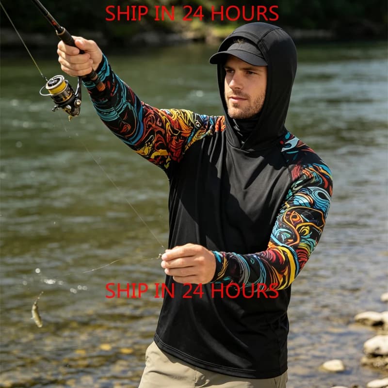 Magliette con Cappuccio da Pesca per Uomo, Maniche Lunghe, Protezione Anti-UV, Maschera Facciale, Abbigliamento per Caccia, Pesca in Giungla e Mare, Taglie XS-3XL