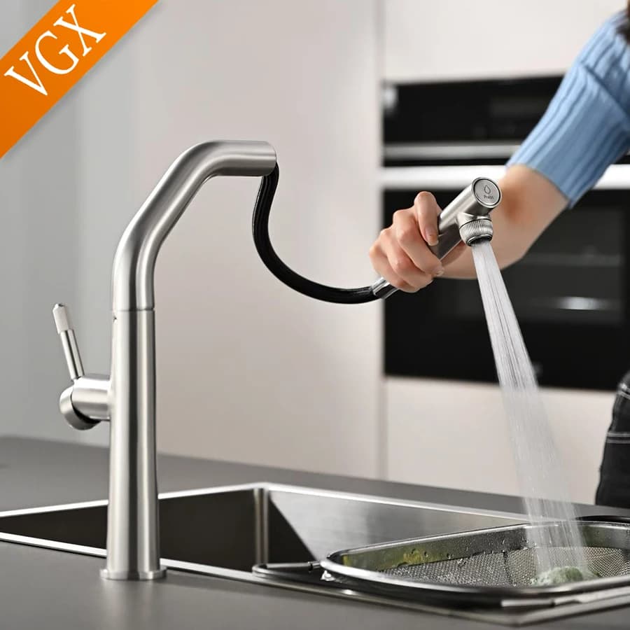VGX Rubinetto da cucina Doppio beccuccio Rubinetto per acqua potabile pura Estraibile Miscelatore per lavello da cucina Gru per rubinetto gourmet da cucina in acciaio inossidabile