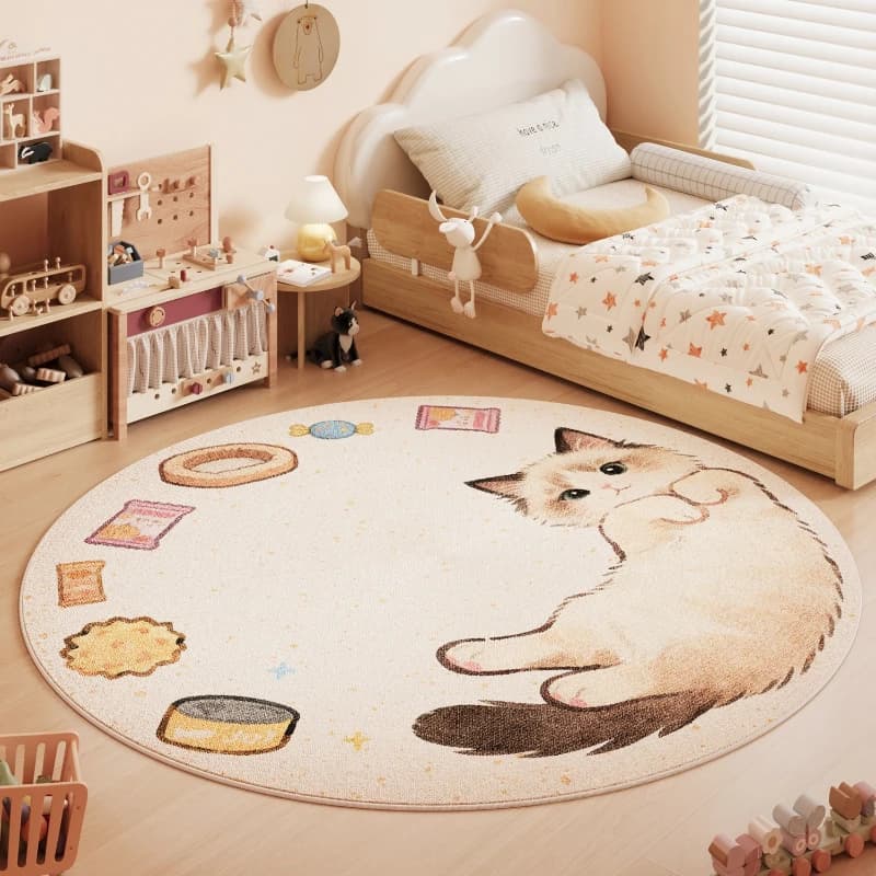 Cartoon Style Living Room Decoration Round Carpet Cat Pattern Rugs for Bedroom Fluffy Soft Lounge Floor Mat Home Thick Plush Rug