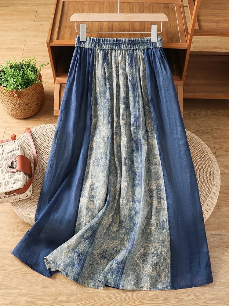Elegant Cotton Linen Print Halter Neck Dress Women's Summer Slimming Drapey A-Line Skirt High Waist Loose Fit Casual Wear