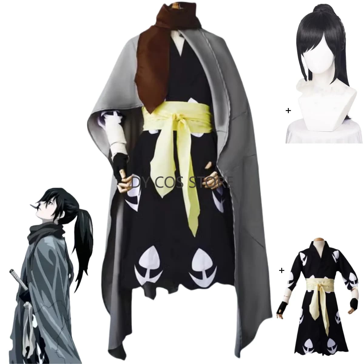 Anime Dororo Hyakkimaru Cosplay Costume Japanese Warrior Kimono Dress Mantle Coat Wig Men Adult Woman Halloween Dress