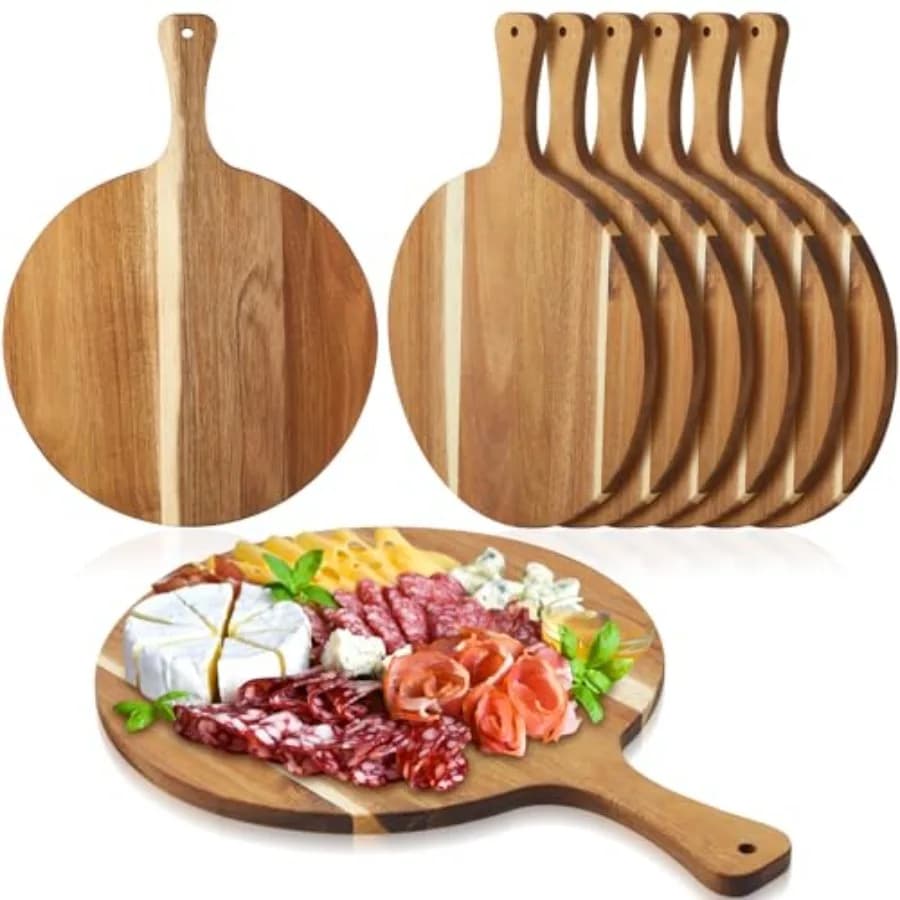 Set di 6 Taglieri Rotondi in Legno di Acacia, Spessore 0,6 Pollici, con Manico, Regalo di Benvenuto, Grande Tagliere in Legno