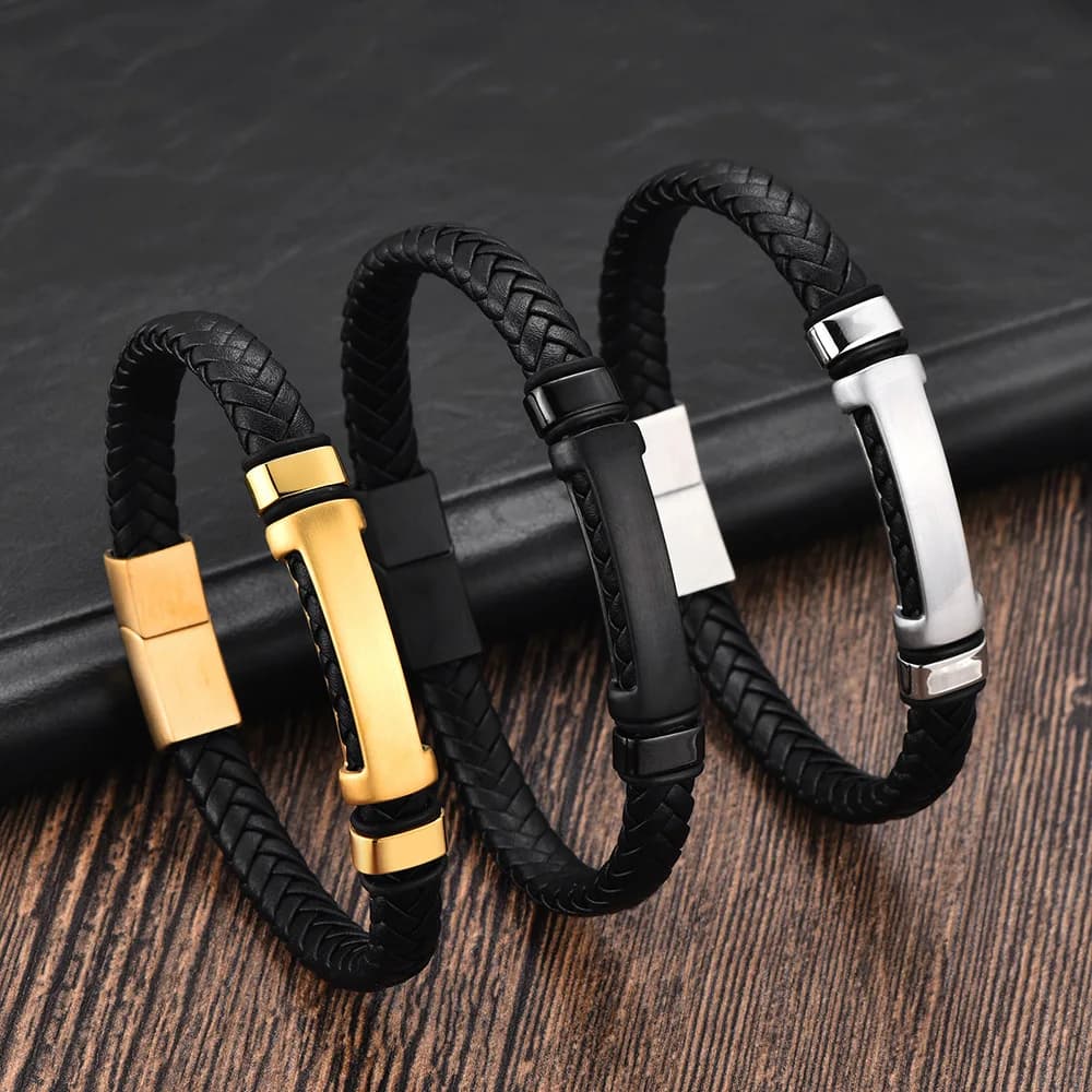 New 11 mm fashionable modern men's braided leather bracelet, laser engraved stainless steel bracelet