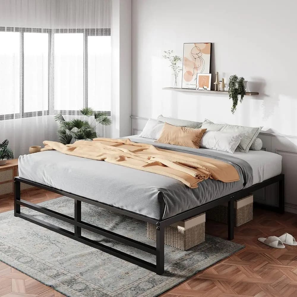 Letto matrimoniale king size con piattaforma in metallo e supporto a doghe in acciaio, ampio spazio contenitivo, base per materasso, non richiede rete a molle, facile da montare