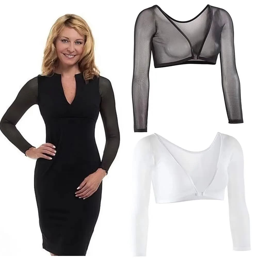 Women Bottoming Sleeve Cover Stylish Mesh Top Front Button Long Sleeve T-shirt Black White Sleeves Arm Cover Shoulder Tops