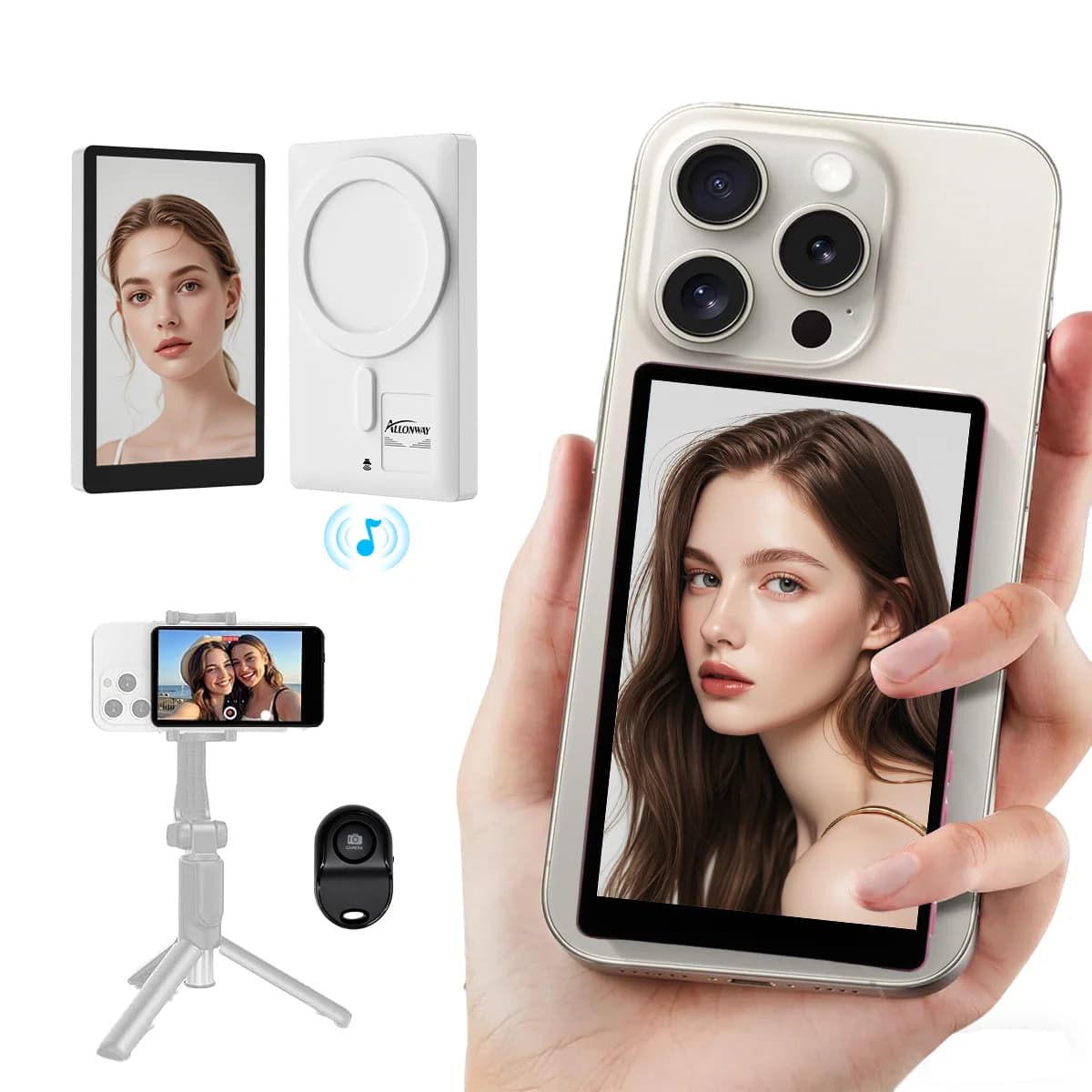Selfie Screen for iPhone with 32.81ft Remote Shutter, Rear Camera Selfie Display, Long Distance Wireless Photo/Video Control for