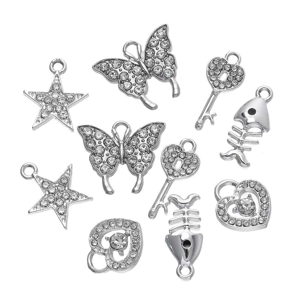 10pcs/lot Rhinestone Love Butterfly Alloy Pendants Stars Crystal Charm For DIY Necklace Earrings Charm Making Jewelry Findings