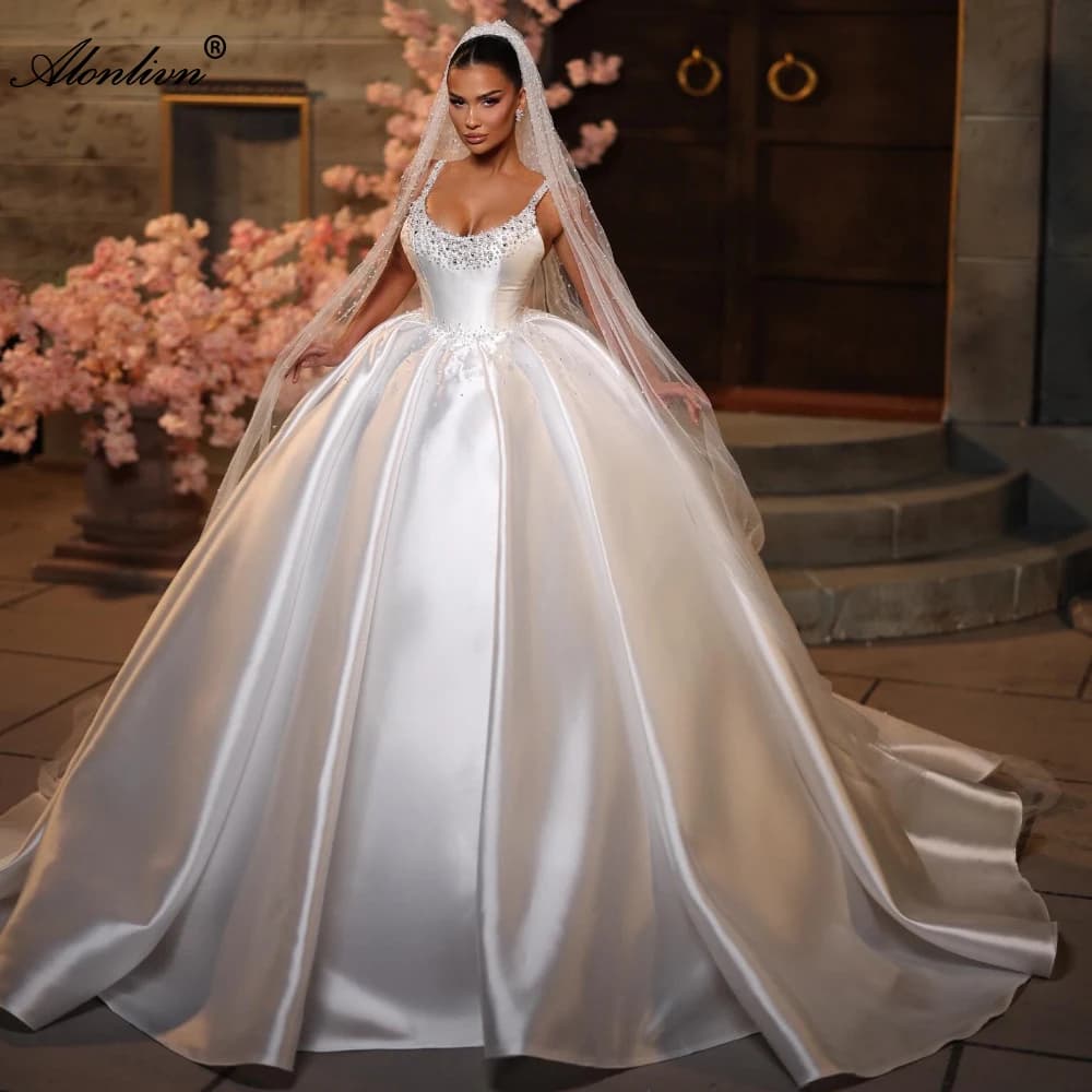 Alonlivn Abiti da sposa di lusso in raso senza maniche con scollo rotondo, abiti da sposa con perline e cristalli, abiti da sposa con spalline sottili