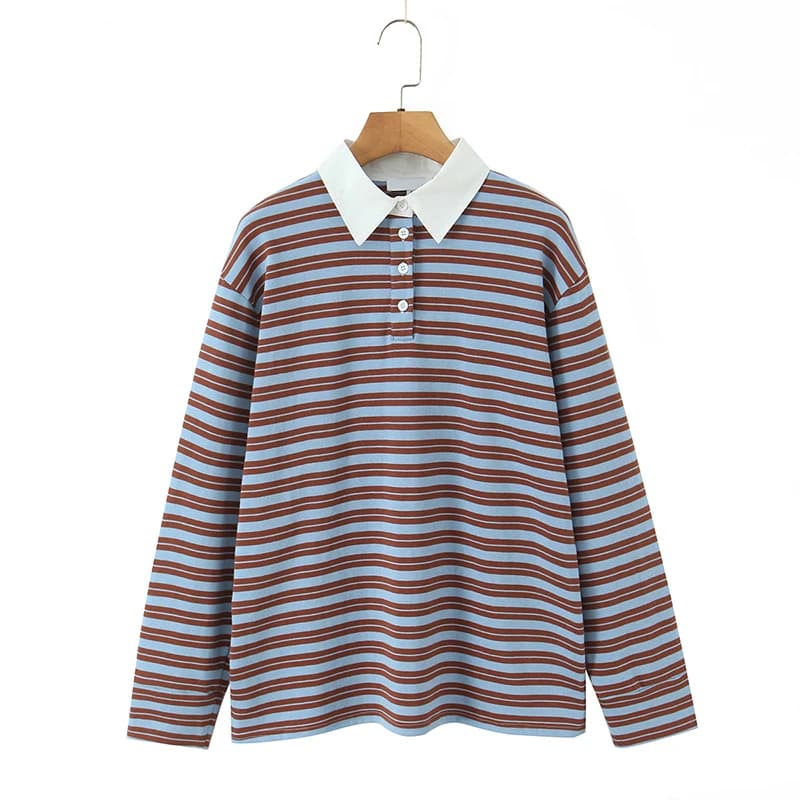 YENKYE T-shirt a maniche lunghe con colletto bavero a righe versatile da donna T-shirt larghe casual primavera autunno