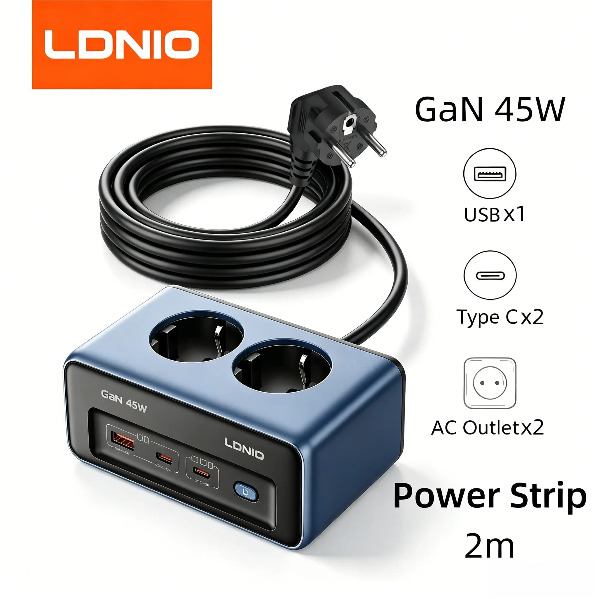LDNIO Caricatore Rapido 45W con Multipresa e Cavo di Prolunga da 2M, Adattatore USB per Spina EU/UK