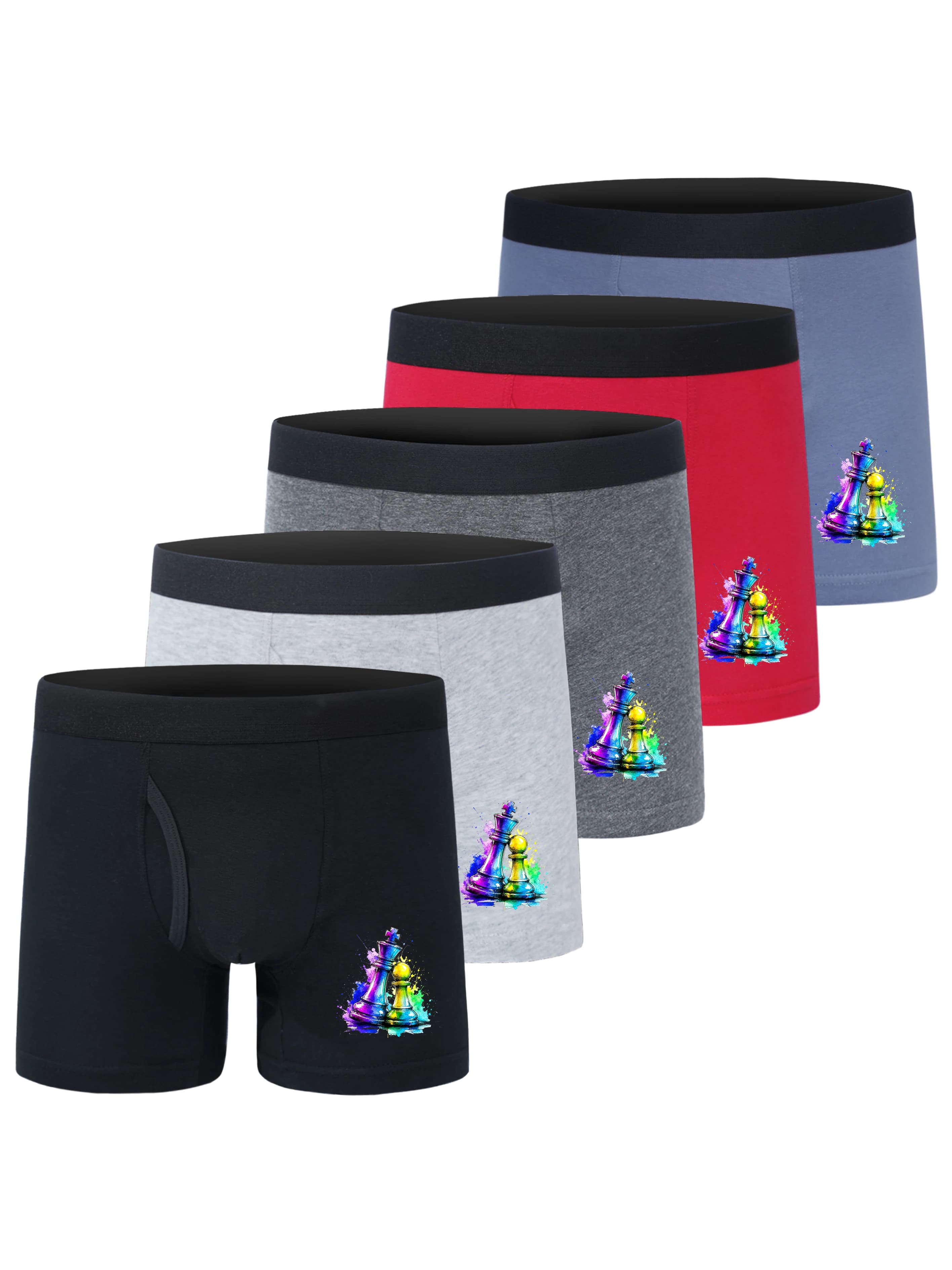 5PCS Boys' 95% Cotton Children's Underwear 3D Rainbow Chess Trunks Breathable Solid Waistband Set Kids' Comfortable Briefs