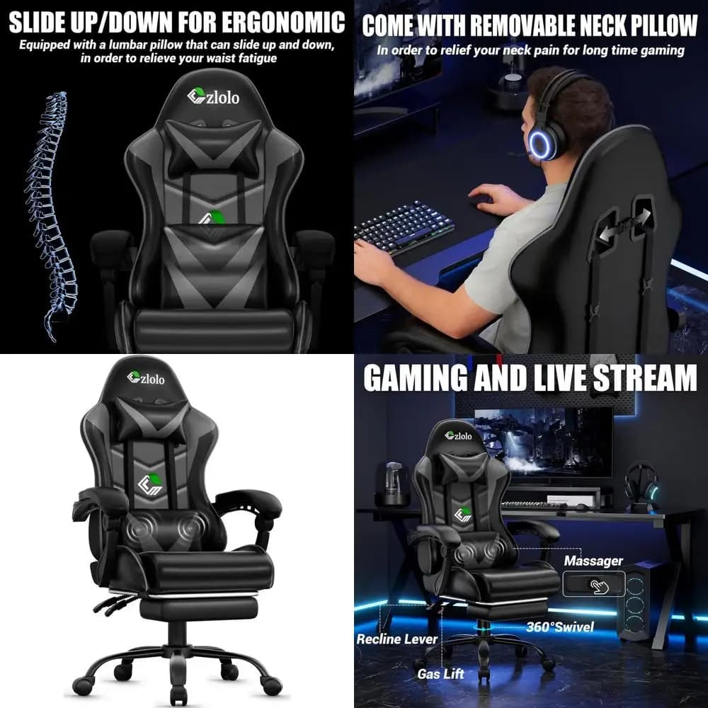 Sedia da Gaming Reclinabile con Supporto Lombare, Massaggiatore, Gambe in Metallo, Girevole e Poggiapiedi per un Comfort Ottimale (Grigio)