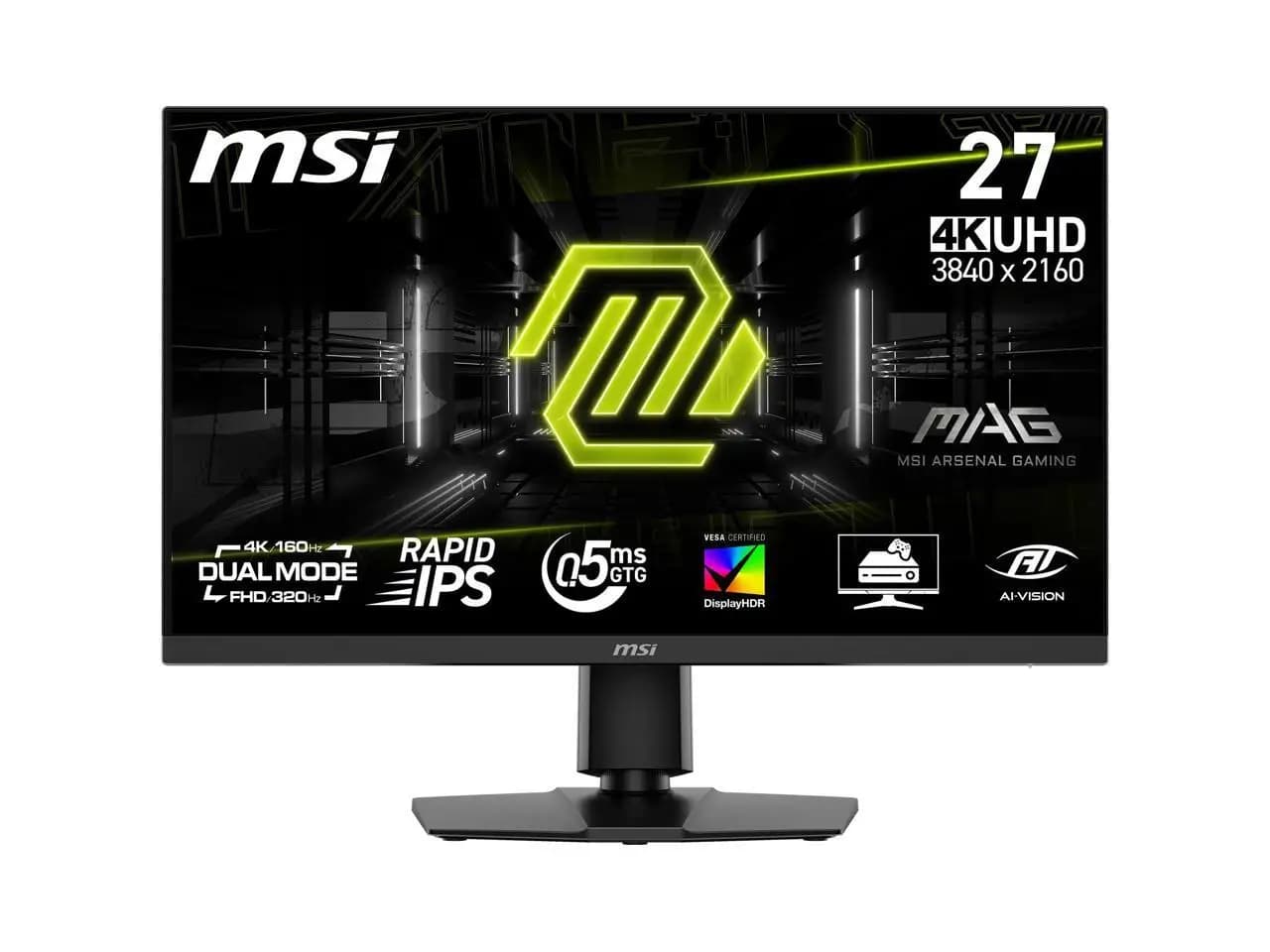 MSI 27 inch Dual Mode UHD 4K 160Hz Full HD 320Hz IPS AMD FreeSync (Adaptive Sync) 0.5ms HDR400 Gaming Computer Monitor with Height Adjustable, Swivel, Pivot & Tilt Stand MAG 272URDF E16