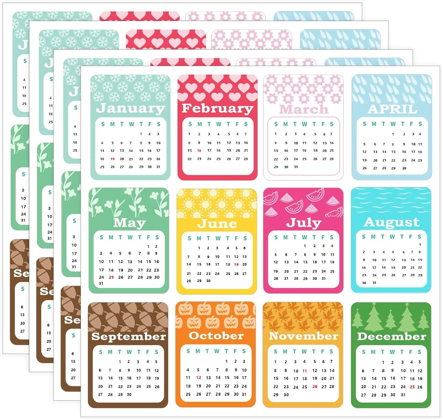 2026 Mini adesivi per agenda mensile - 60 decalcomanie calendario rimovibili 2x2,5" per diari e quaderni, 5 fogli (12 pezzi ciascuno)