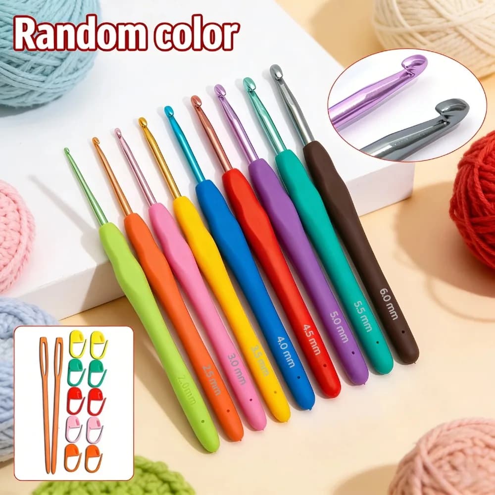 21pcs Ergonomic Crochet Hooks Set Soft Grip Knitting Needles Kit with Stitch Markers Plastic Needles Yarn Sewing Craft Tool