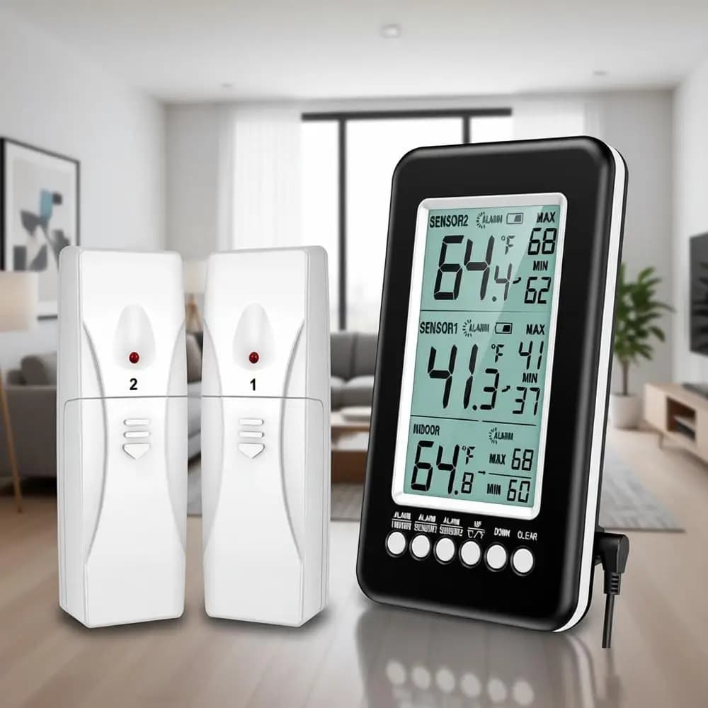 Wireless digital thermometer for refrigerator with 2 sensors, temperature alarm for indoor and outdoor use