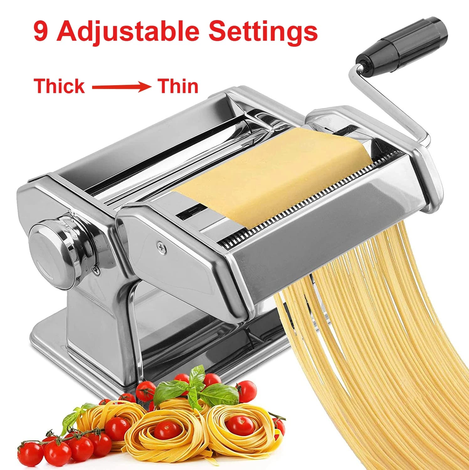 Macchina per Pasta Manuale Classica 150 in Acciaio Cromato con Manovella, per Lasagne, Fettuccine e Tagliolini, Utensile da Cucina con 9 Larghezze