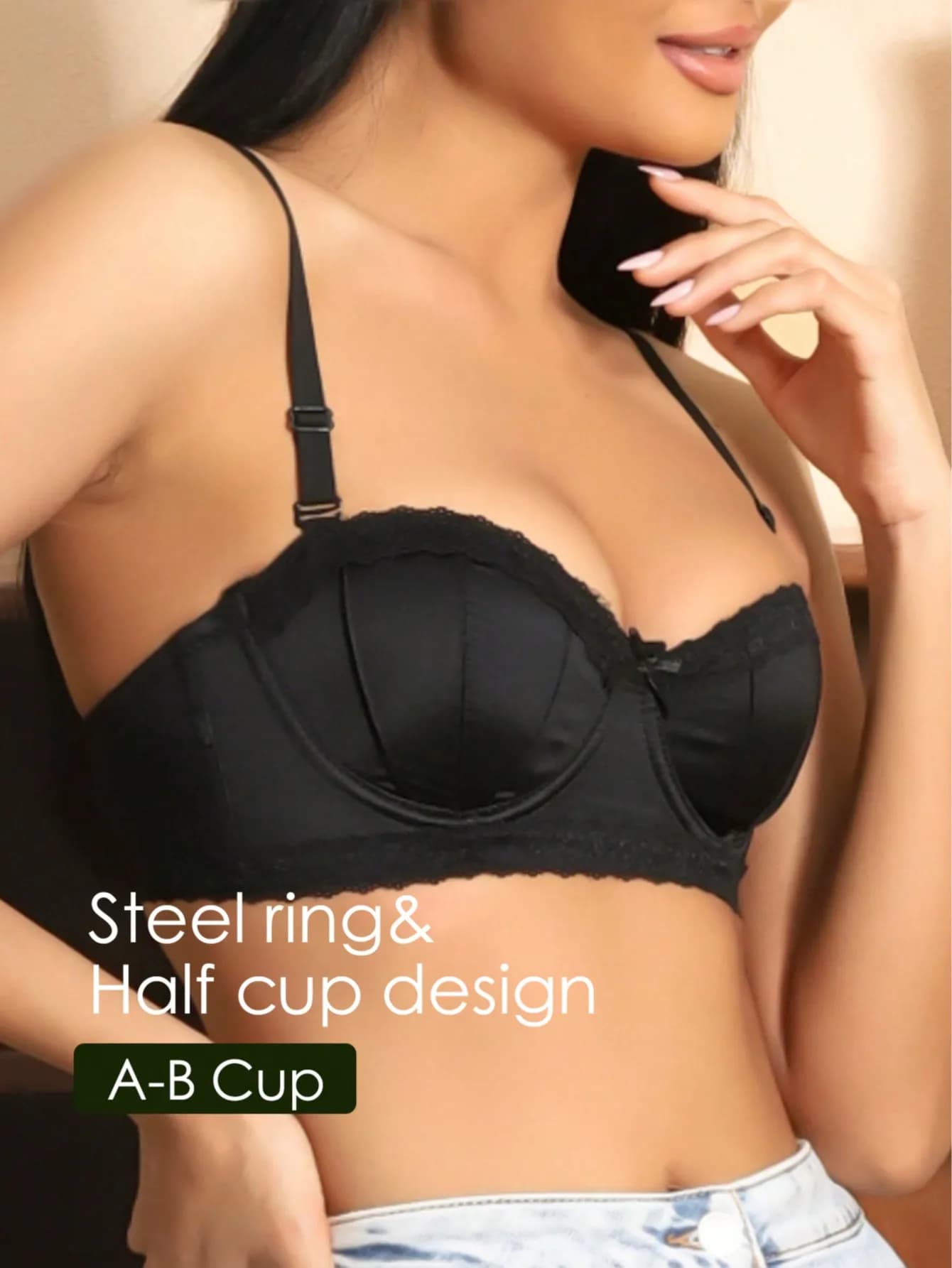Black half cup bra with steel support, lace finishes, cup A-B
